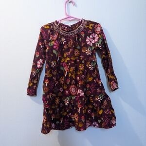 Gymboree Flower Leaf Flannel Tiered Dress - Enchanted Forest, Burgundy, Girls 4T